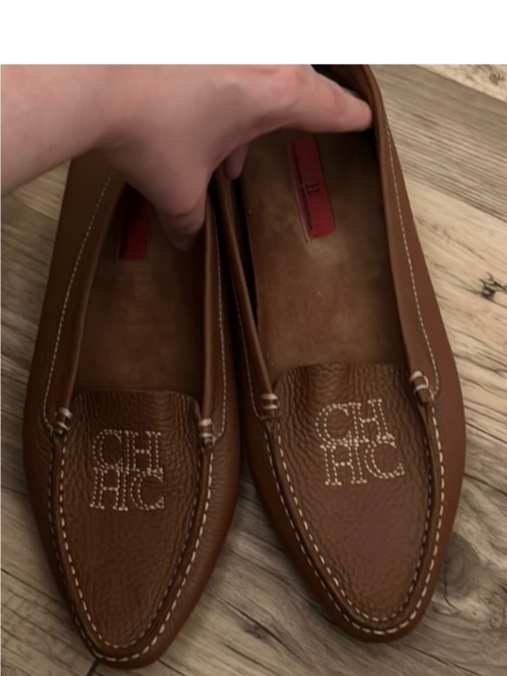 Carolina Herrera Tan Leather CH Monogram Loafers